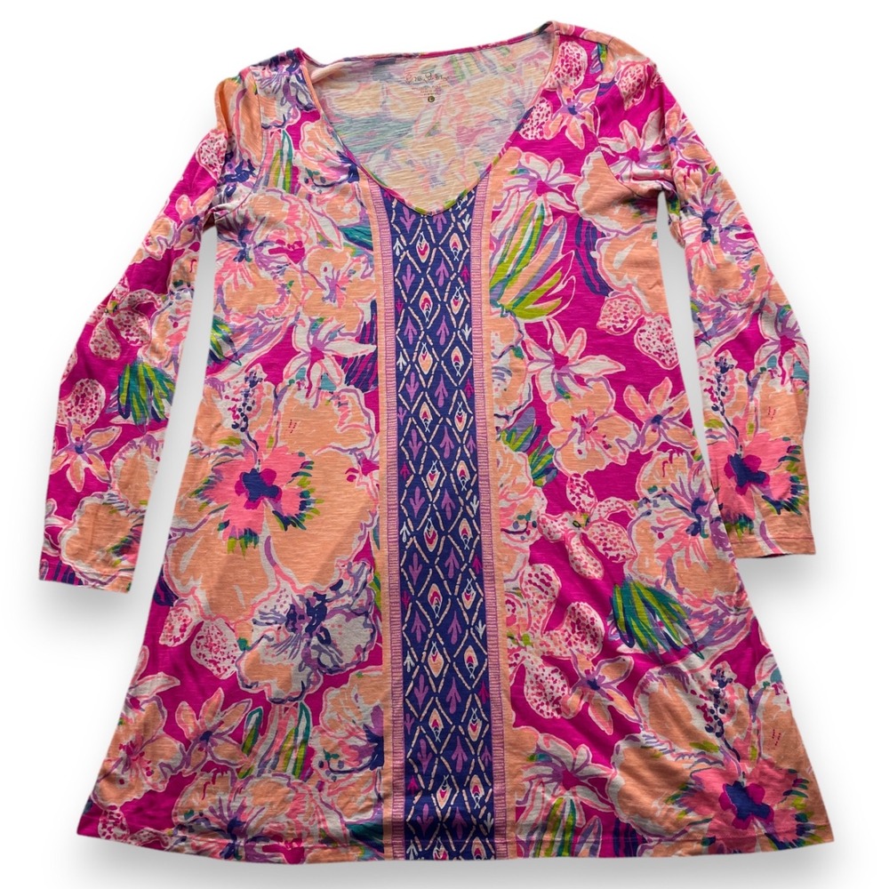 Lilly Pulitzer Pink Floral Slub Jersey V-Neck Long Sleeve Tunic Top Large